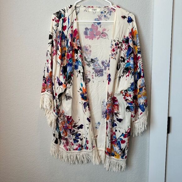Umgee White Bold Vibrant Floral Fringe Open Front Boho Kimono - Size L - EUC - Picture 1 of 7